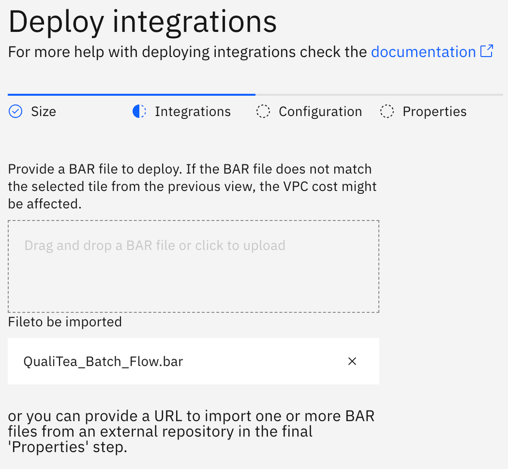 Importing the bar in the Deploy integrations ‘Integrations’ step.