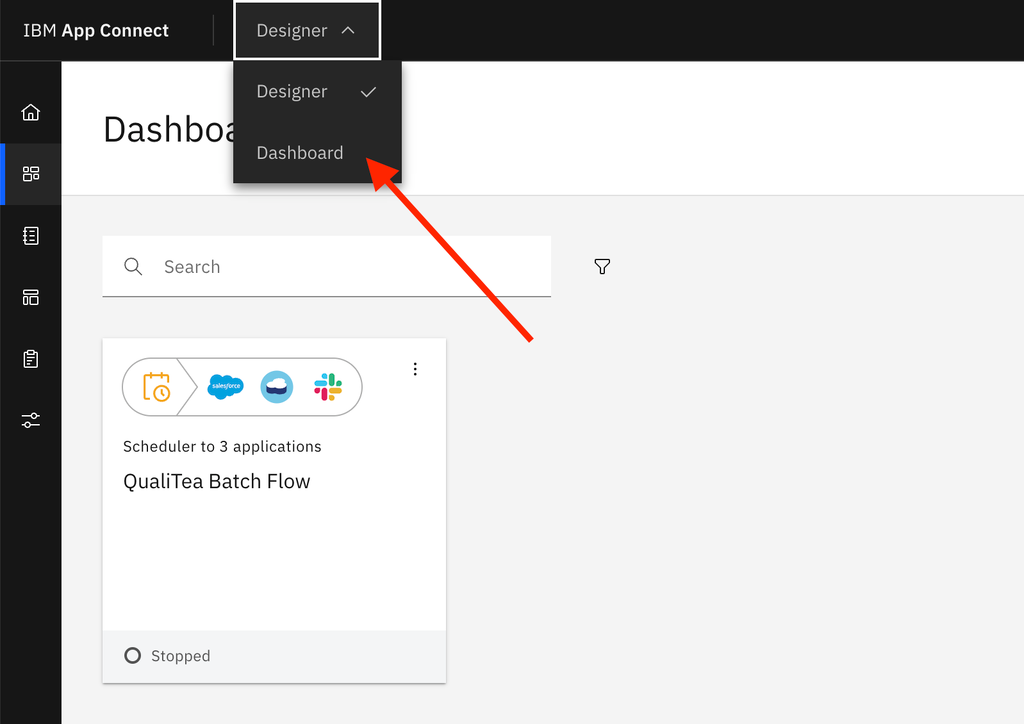 Selecting the Designer drop-down in the top bar and choosing Dashboard.