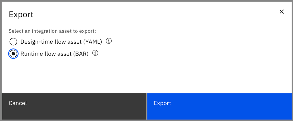 Choosing Runtime flow asset (BAR) as the integration asset to export and clicking the Export button.