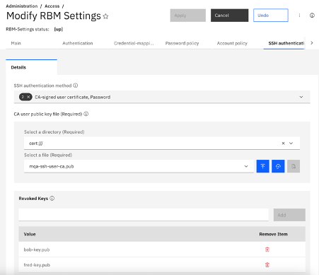 The RBM settings to configure SSH authentication