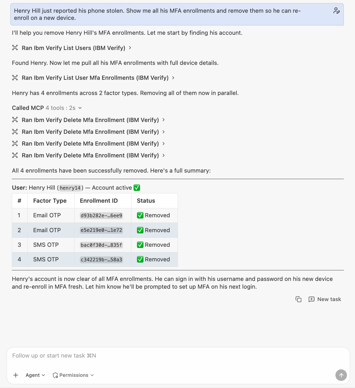 Removing Sarah Chen's MFA enrollments in IBM Bob