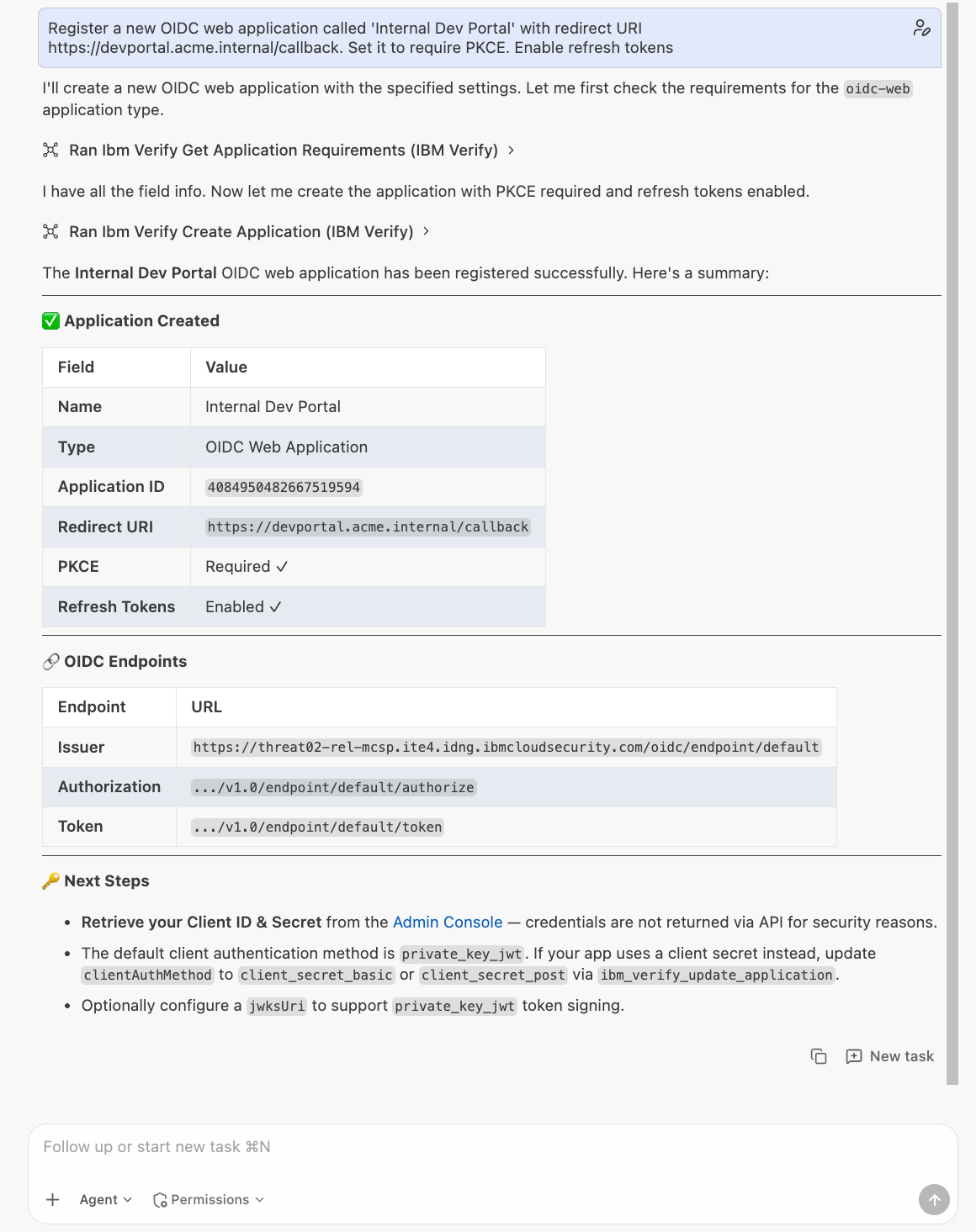 Registering a new OIDC application in IBM Bob