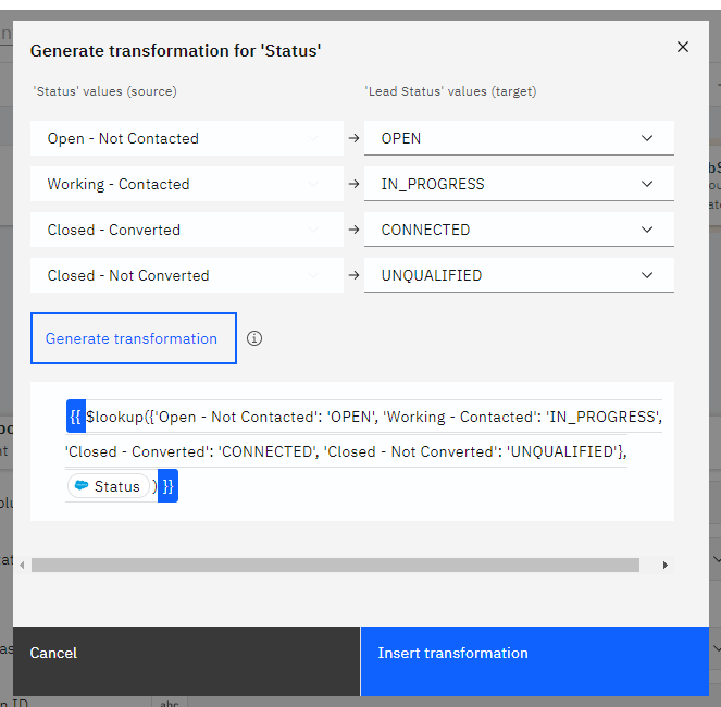 Generate transformation panel with JSONata expression