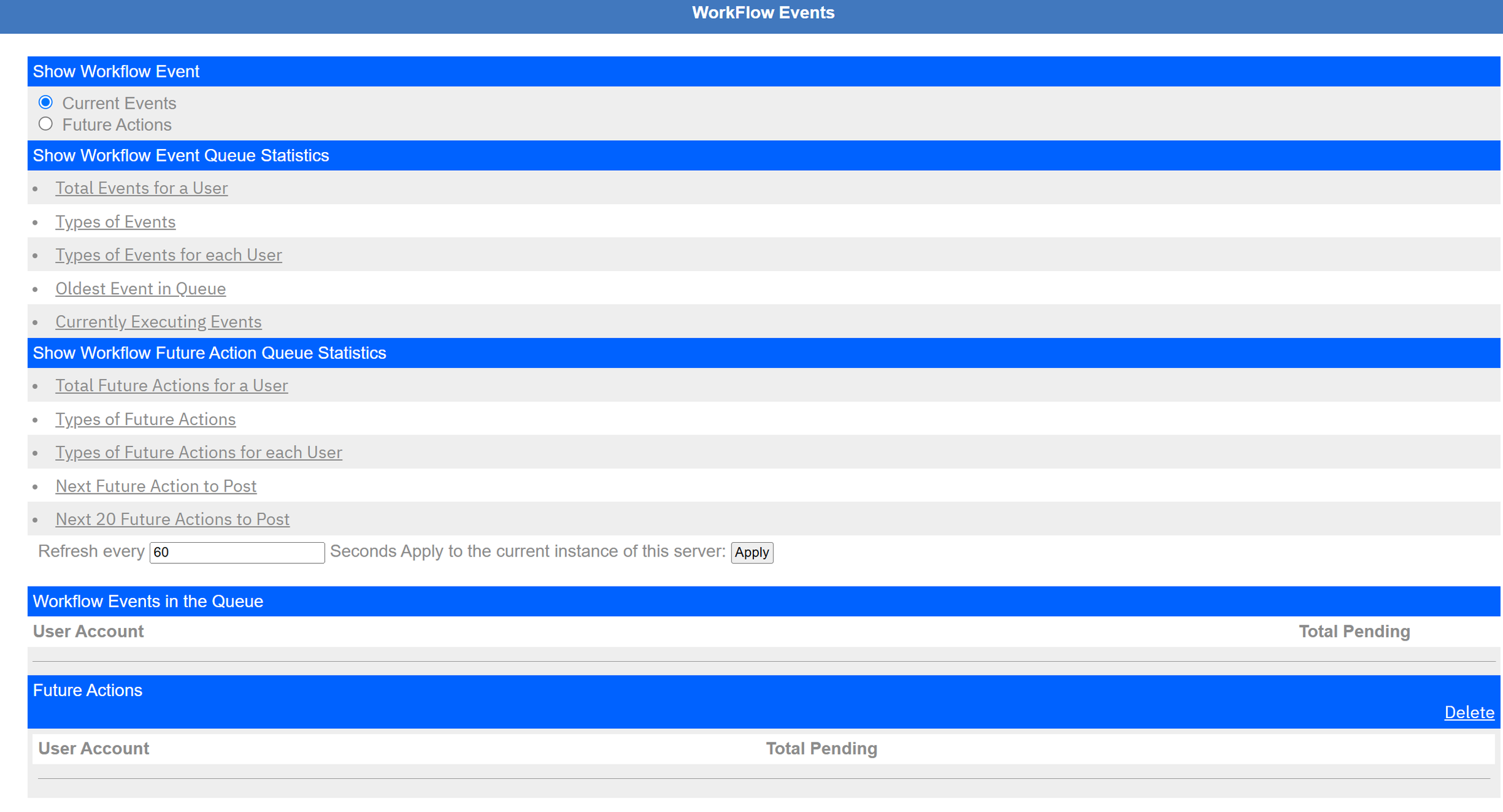 Workflow Events: what is waiting in the queue (current events) and what is scheduled (future actions).