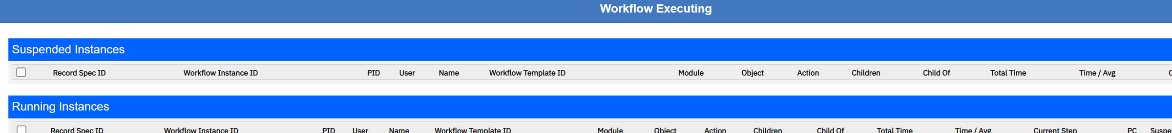 Workflows Executing: running and suspended workflow instances, with Stop, Suspend and Resume.
