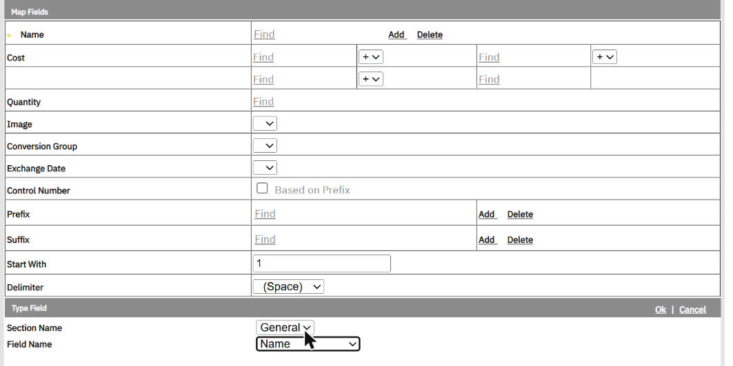 Mapping → Name: Find, then pick Section General, field Name.