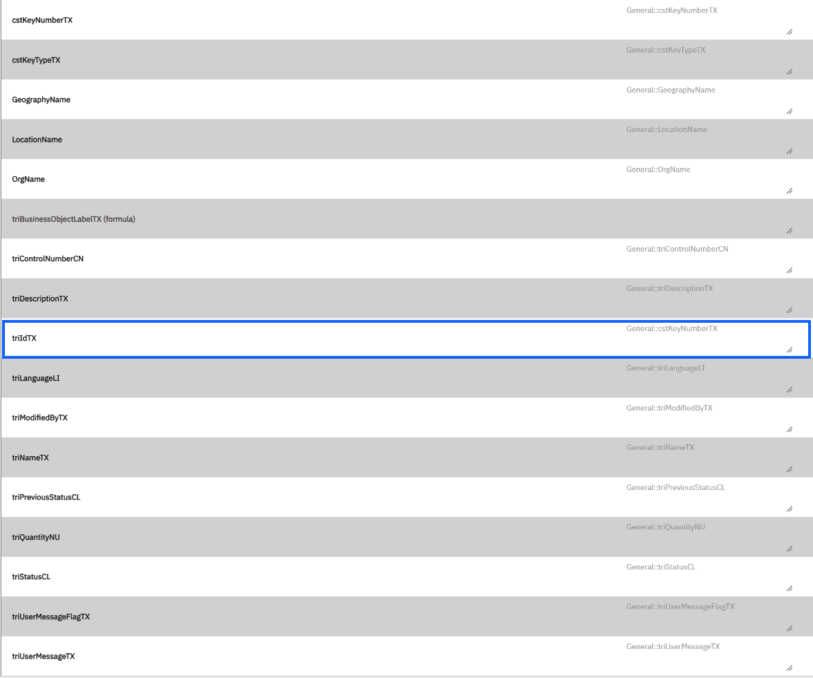 The map as saved: triIdTX ← General::cstKeyNumberTX (highlighted); all other rows keep their own value.
