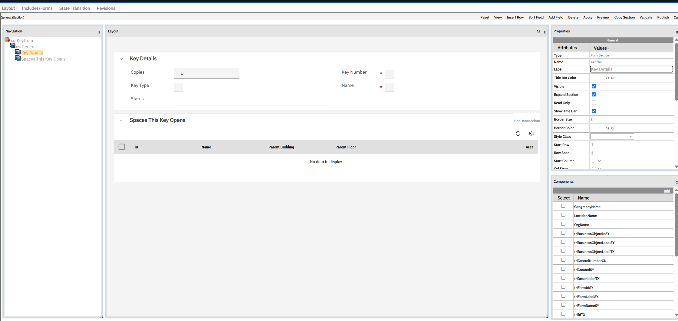 The Key Details section selected in the Navigation tree: its properties on the right, and below them the Components list of fields you can add.