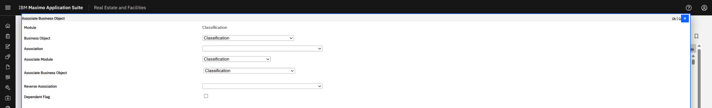 Association Manager → Add: the Associate Business Object window opens as an in-page dialog (blue frame, × to close) instead of a separate browser window.