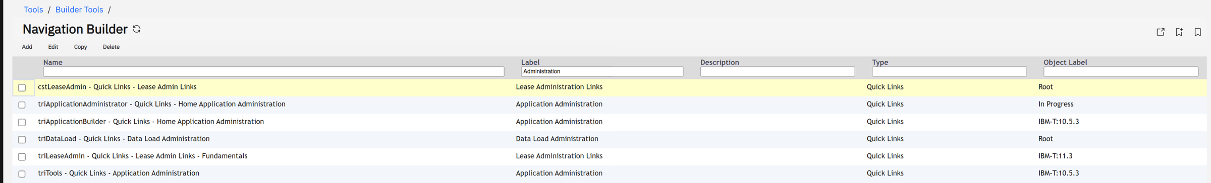 Navigation collections, filtered on the label "Administration".