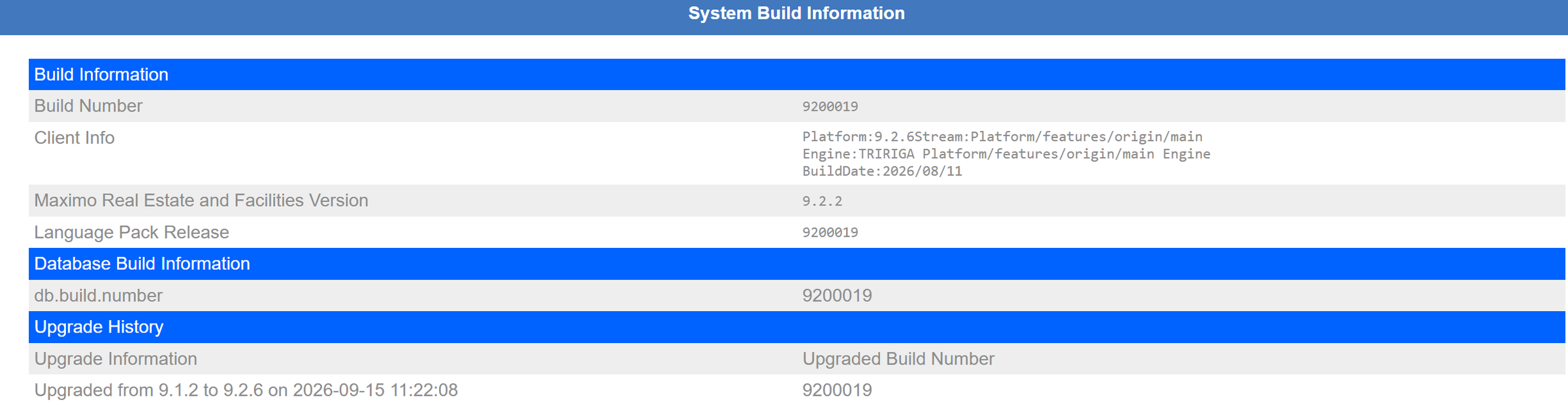 Application 9.2.2 on platform 9.2.6, and the upgrade history (from 9.1.2 on 15 September 2026).