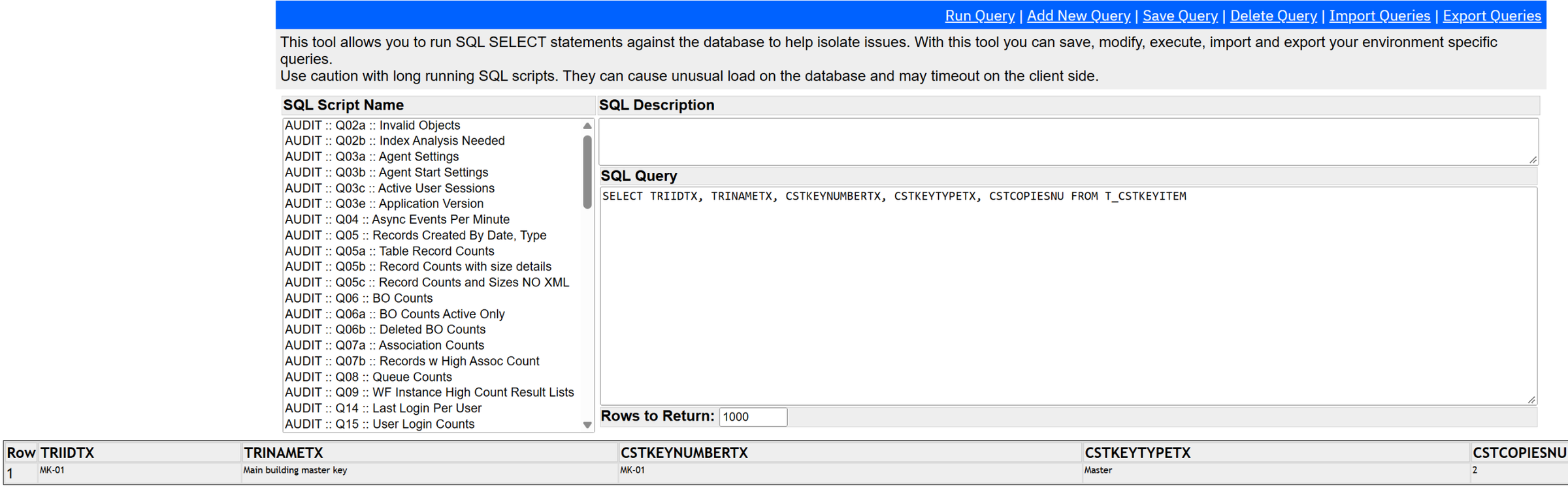 SELECT-only SQL against the MREF database, with IBM's library of audit queries on the left.