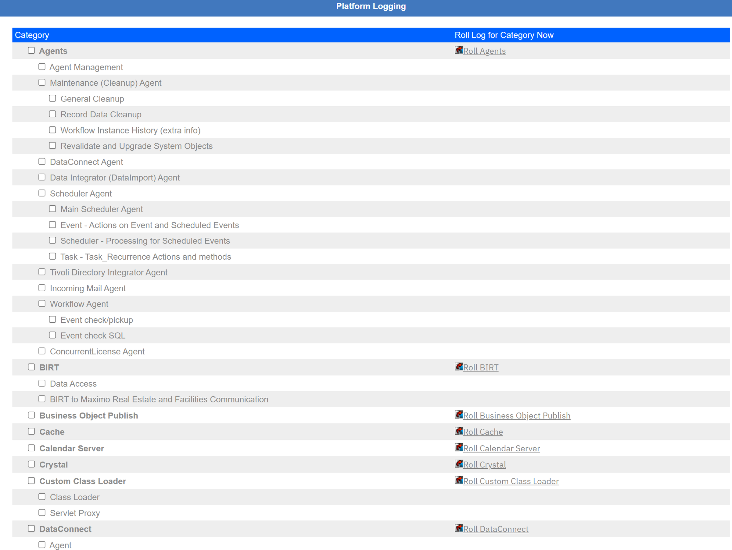 Debug switches per area: agents, BIRT, publish, cache, DataConnect and more.