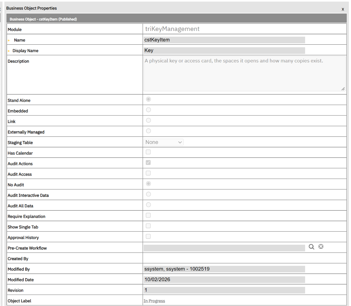 Business Object Properties: module triKeyManagement, name cstKeyItem , display name "Key", Stand Alone.