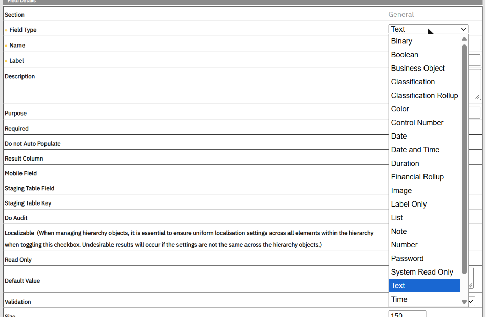 The field types available: from Text and Number to Business Object, Classification, Control Number and Financial Rollup.