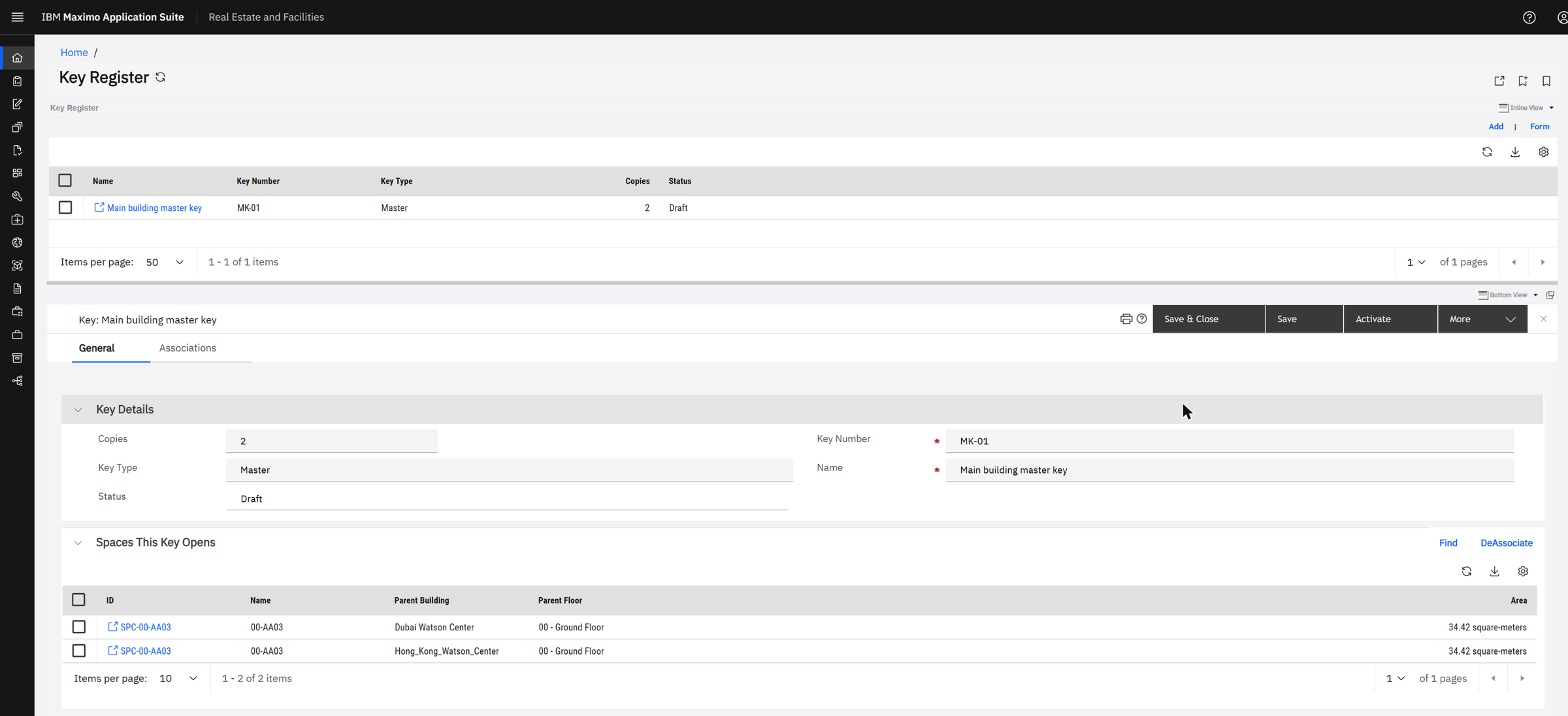 The finished app: the key opens two spaces, Dubai and Hong Kong 00-AA03. Each link is a real Key For / Has Key association.