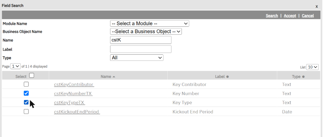 Field List → Find: search "cstK", tick the fields you need, Accept.