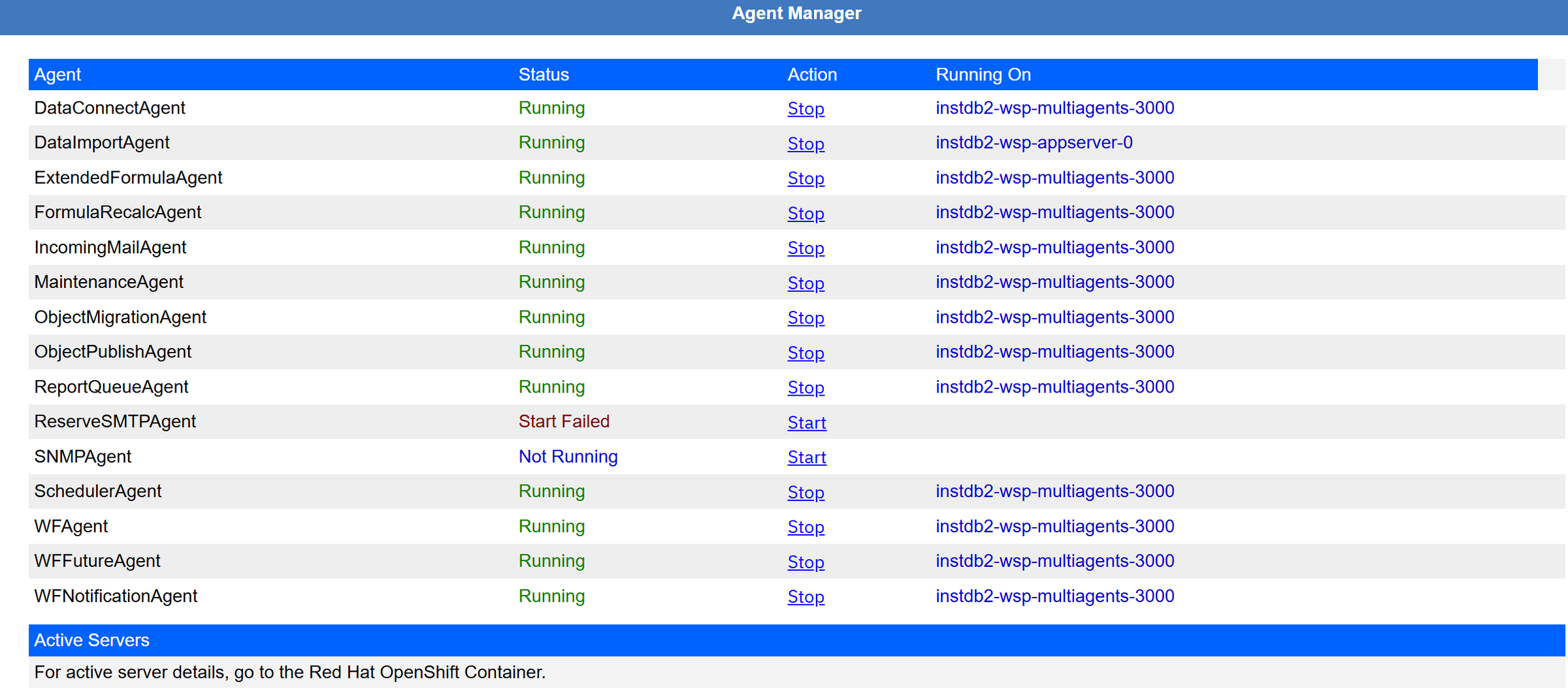 Agents page: status, the Stop/Start link, and the server each agent runs on.