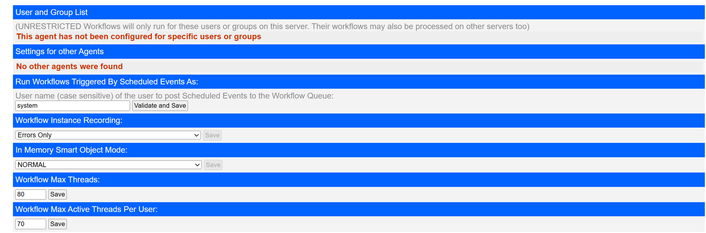 Workflow agent settings.