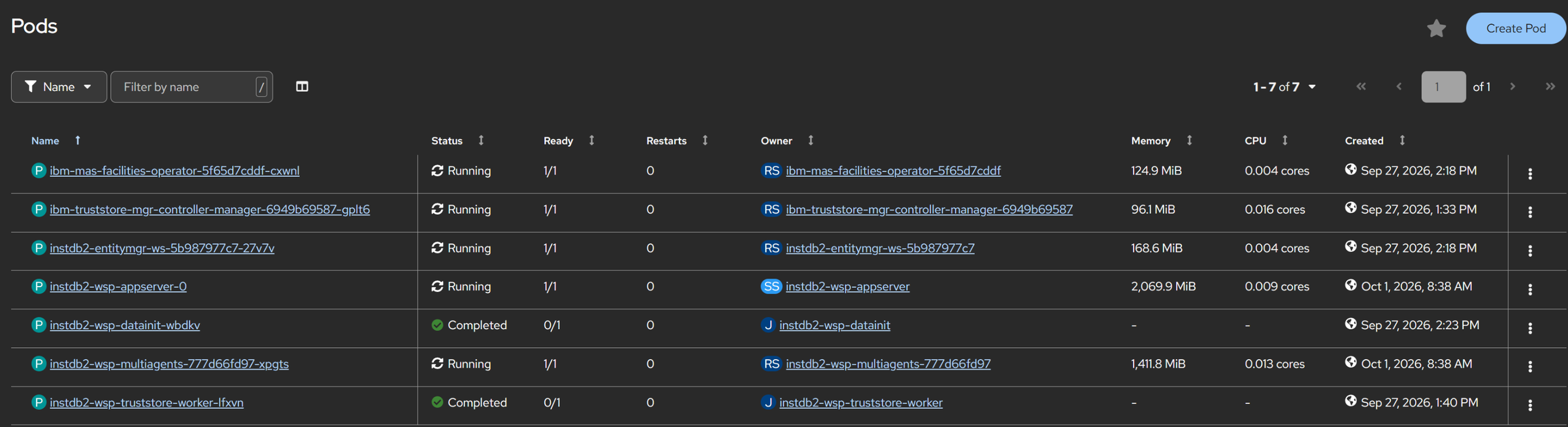 OpenShift console → Workloads → Pods in the MREF namespace.