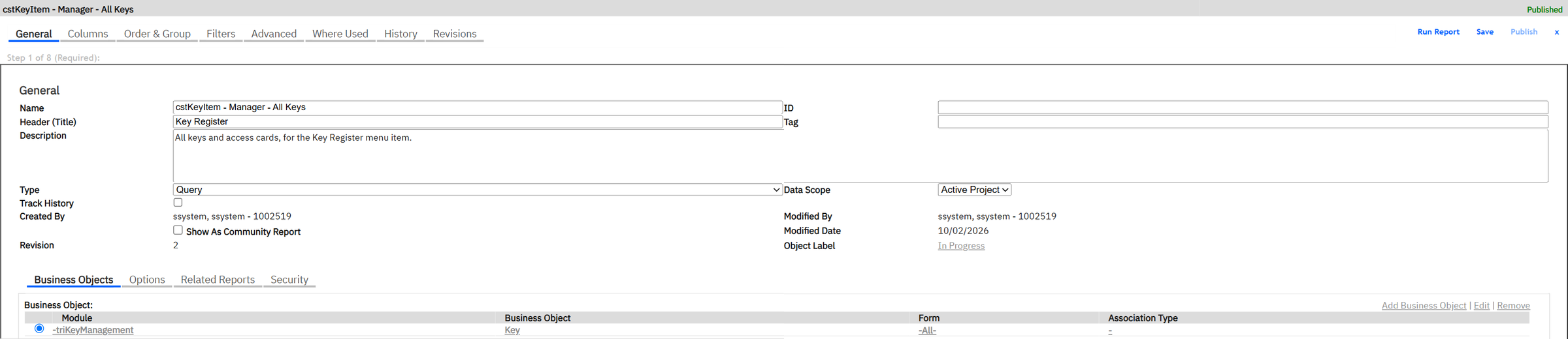 General tab: name, title, type Query, and the business object (triKeyManagement / Key) added with Add Business Object.