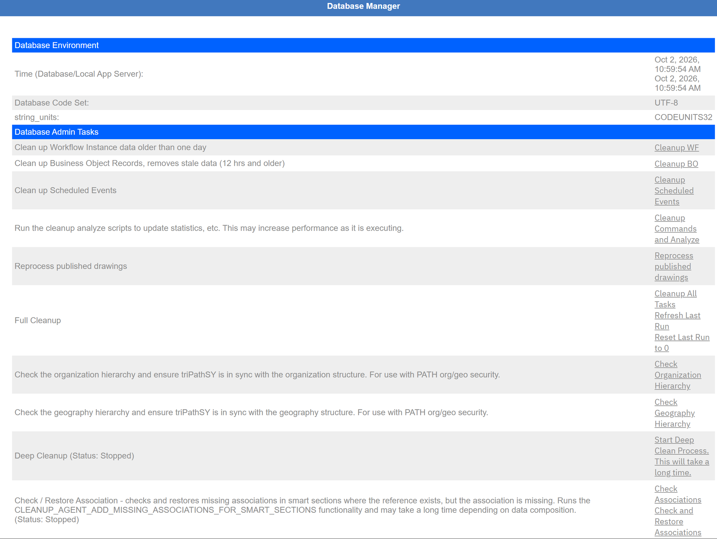 Database clock, code set and one-click maintenance tasks.