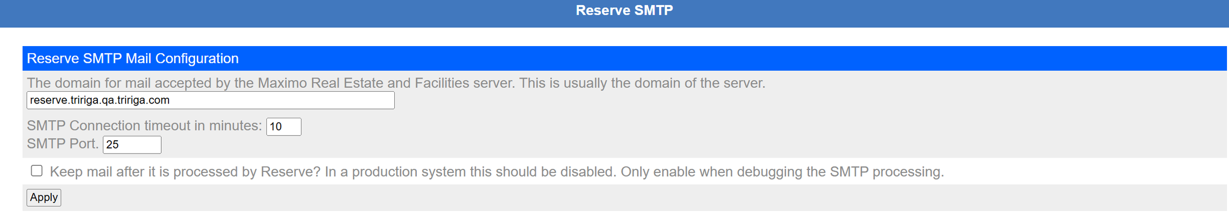 Inbound mail settings for room booking. Still the sample domain here, which is why the agent shows Start Failed.