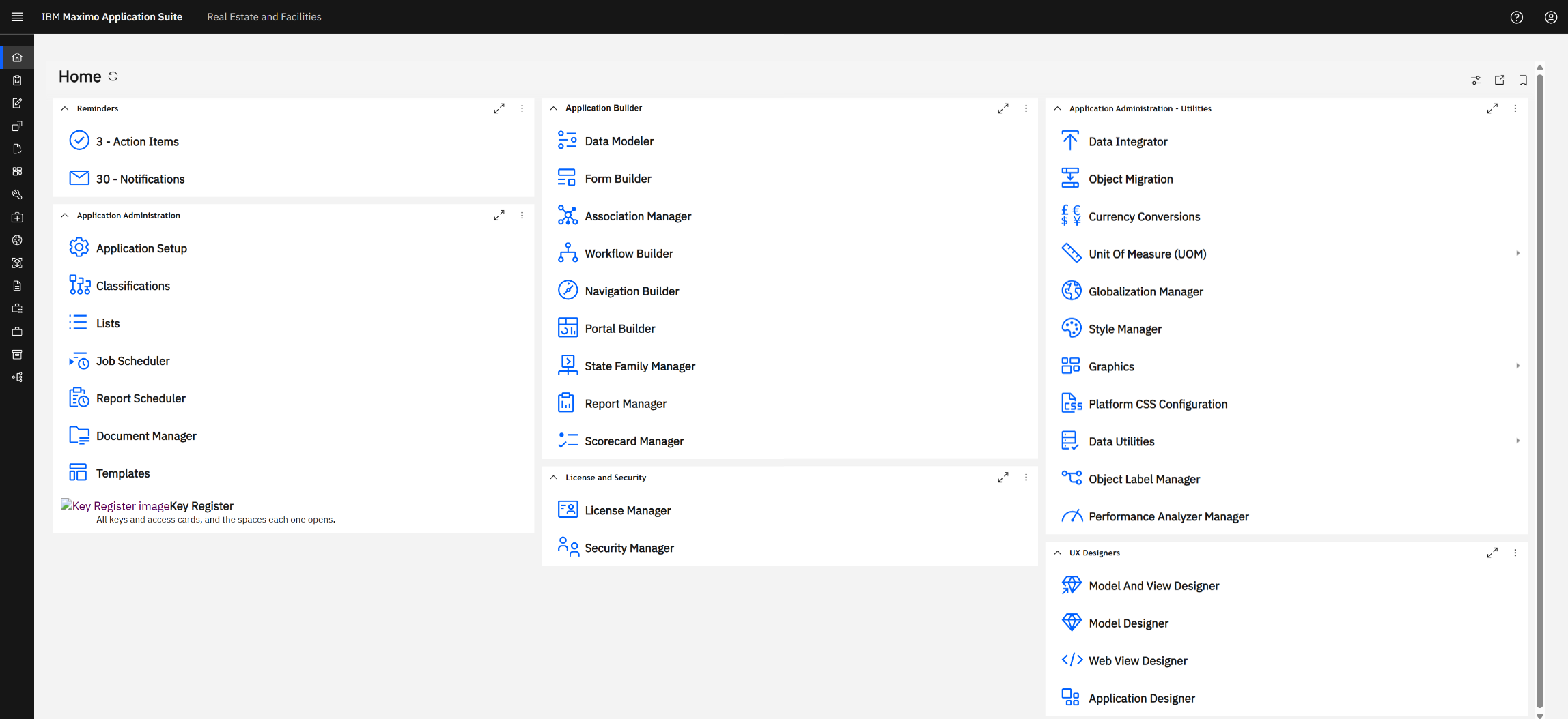 Home page of the Application Administrator: the Application Builder panel in the middle. Bottom left, the finished "Key Register" link that Step 6 adds.