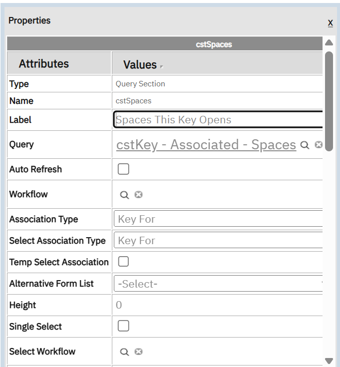 Section "Spaces This Key Opens": query cstKeyItem - Associated - Spaces , association Key For. Find and DeAssociate actions are added for you.
