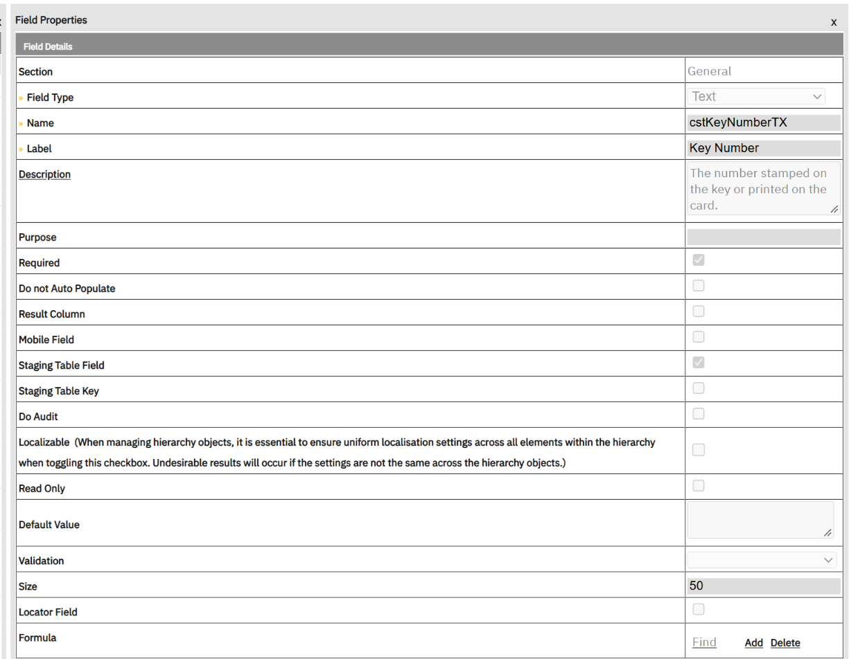 Field Properties for Key Number: type Text, Required ticked, size 50.