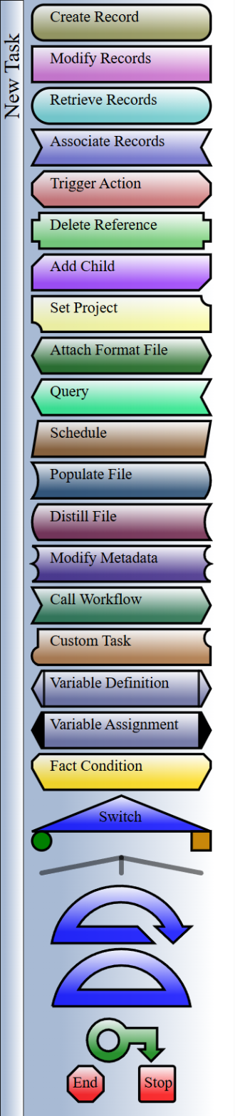 The task palette: Create Record, Modify Records, Associate Records, Trigger Action, Query, Switch, Call Workflow and more.