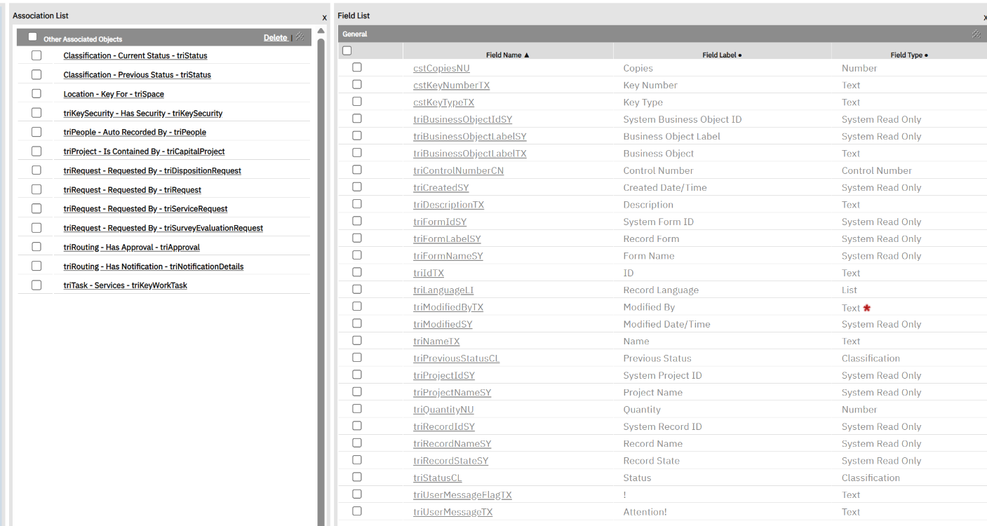 What you get for free: the module's associations (left) and fields such as triNameTX, triIdTX and triStatusCL (right).