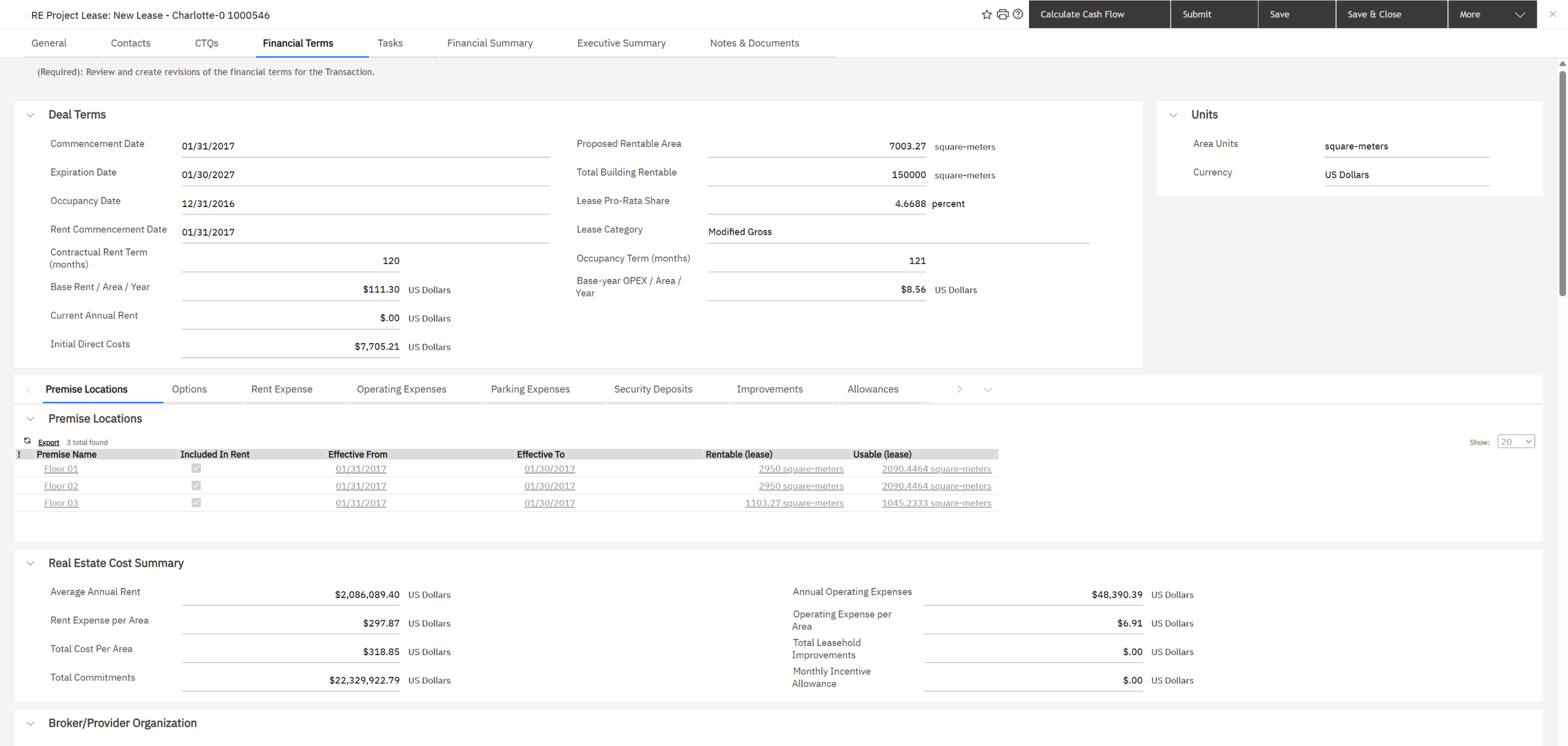 RE Project Lease "New Lease – Charlotte": deal terms, the three floors in the premises, and the real estate cost summary.