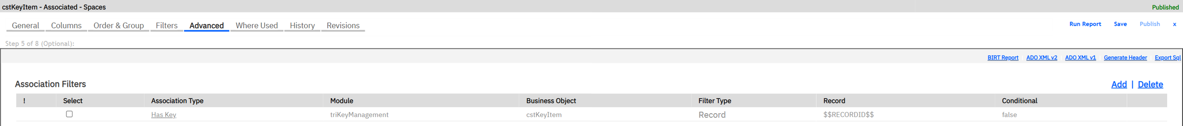 Saved and published: Has Key · triKeyManagement · cstKeyItem · Record · $$RECORDID$$.