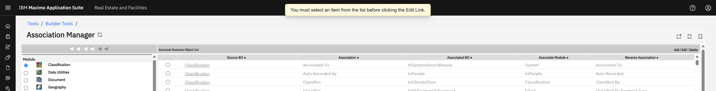 A real builder alert ("You must select an item from the list before clicking the Edit Link.") shown as a message strip instead of a blocking box.