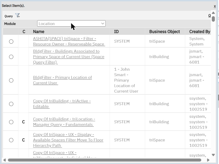 Picking the query for the section (module Location shown here, before our own query existed).